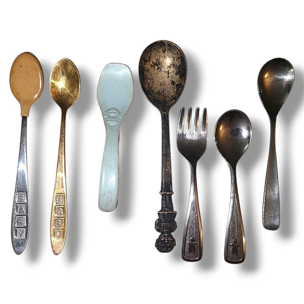 Vintage Baby Toddler Flatware Lot 7 Campbell's Kids BABY Spoon Fork Japan SS